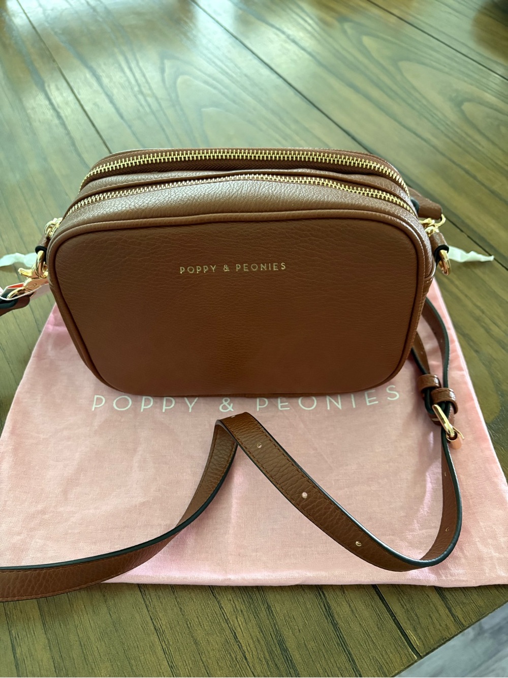 Poppy & Peonies Brown Double-Zip Pebbled Crossbody